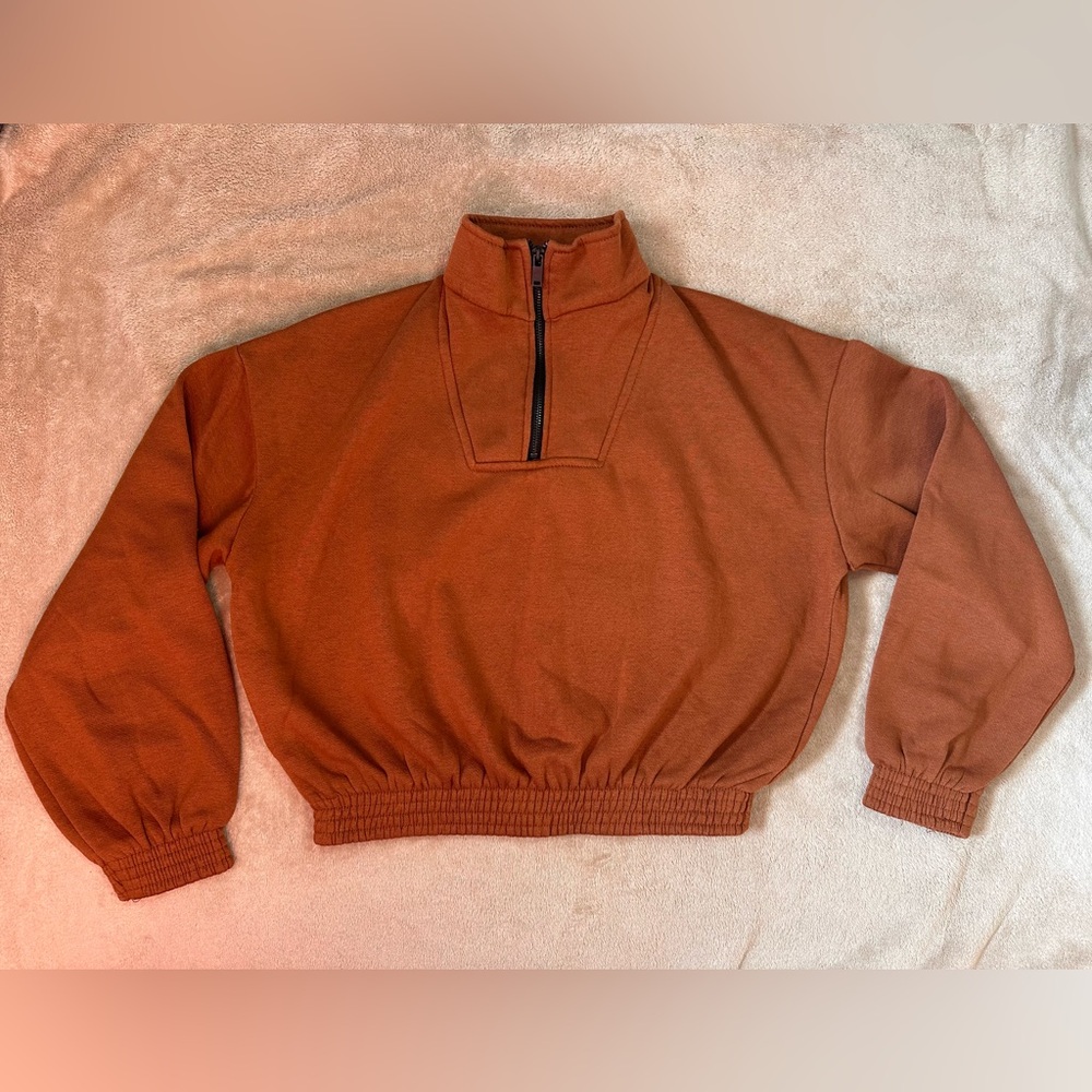 Bershka Brown Rust Zip-Up Crop Sweater Size S